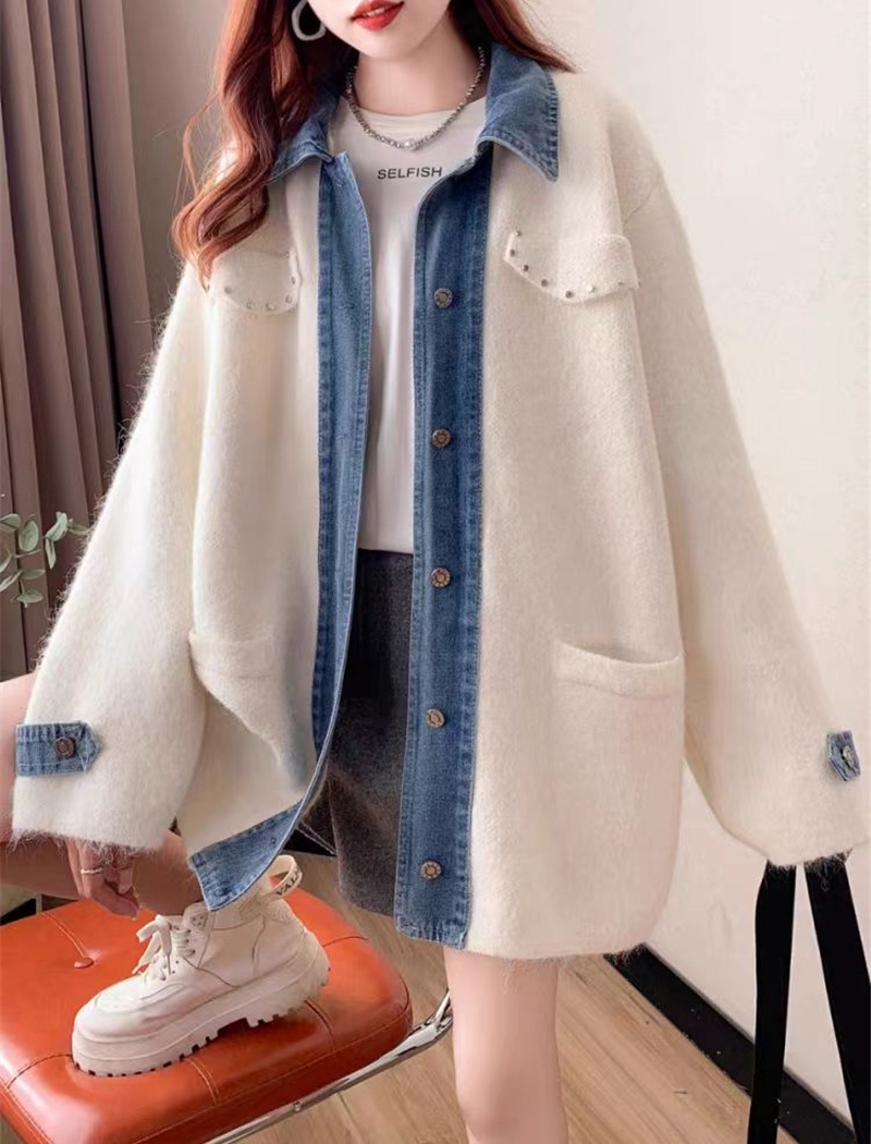 Loose denim sweater long splice cardigan