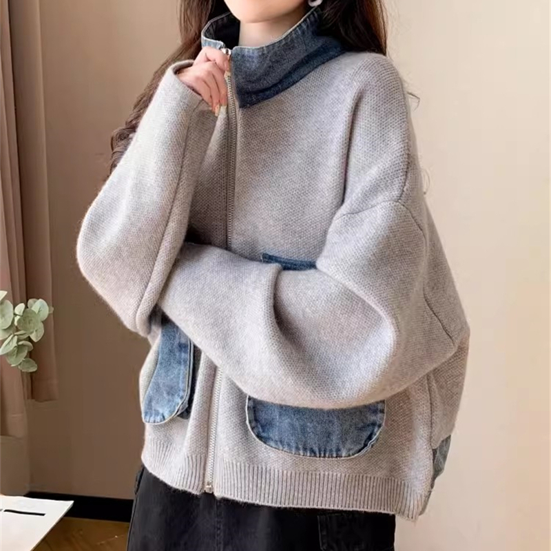 Knitted denim sweater splice short cardigan