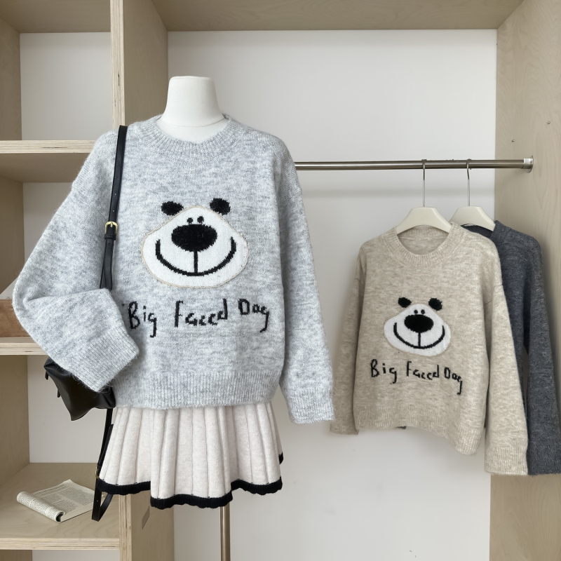 Big face dog bear autumn crochet Korean style sweater