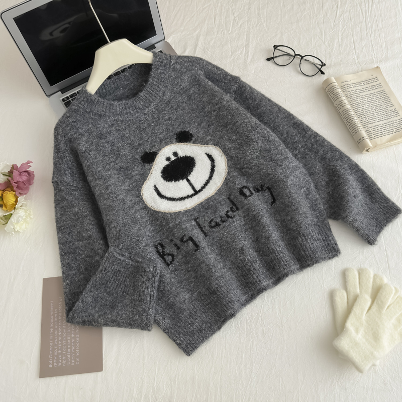 Big face dog bear autumn crochet Korean style sweater