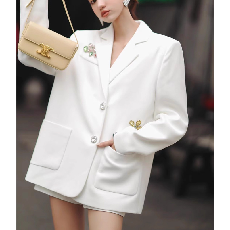 Rhinestone Casual business suit white niche shorts 2pcs set