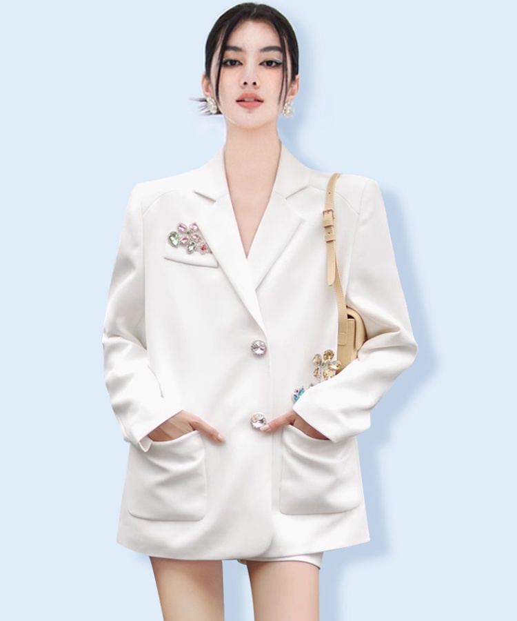 Rhinestone Casual business suit white niche shorts 2pcs set