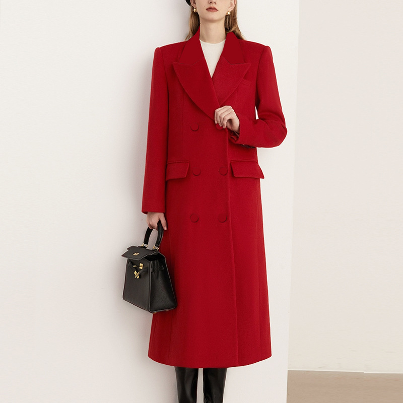 Long autumn and winter windbreaker red coat for women