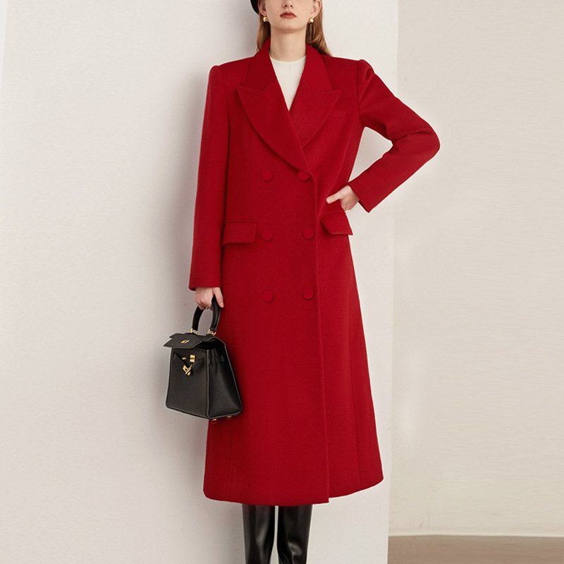 Long autumn and winter windbreaker red coat for women