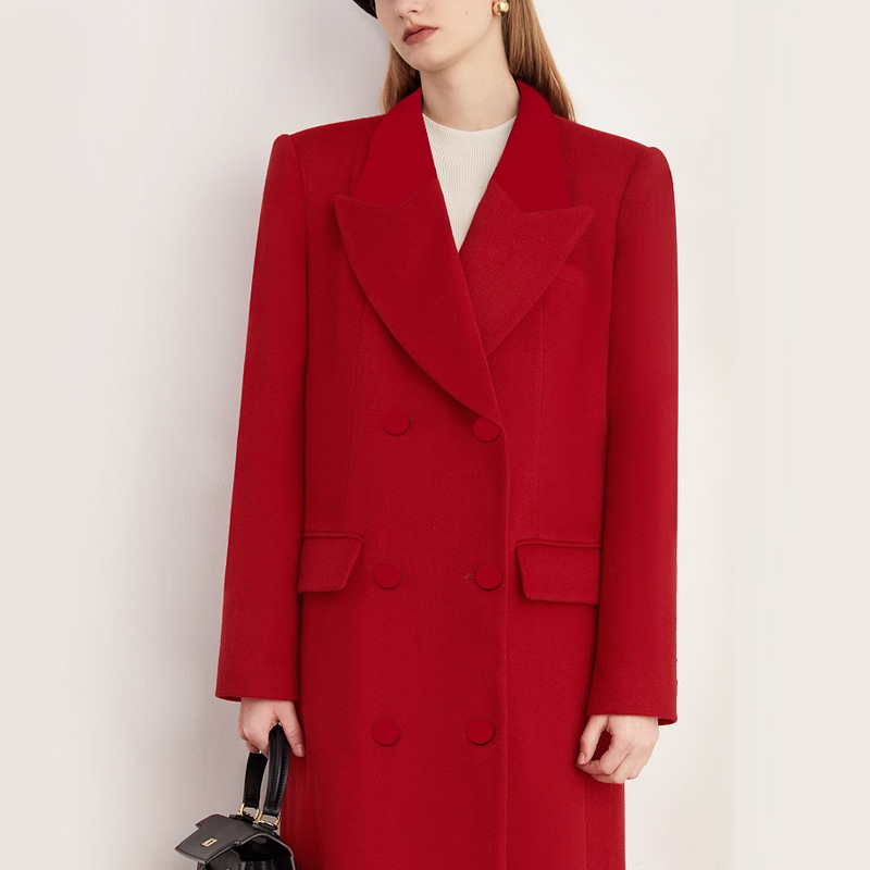 Long autumn and winter windbreaker red coat for women