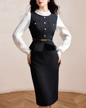 Pseudo-two splice business suit black and white autumn dress