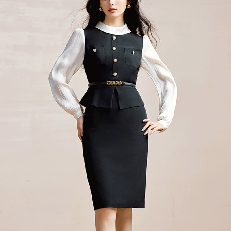 Pseudo-two splice business suit black and white autumn dress