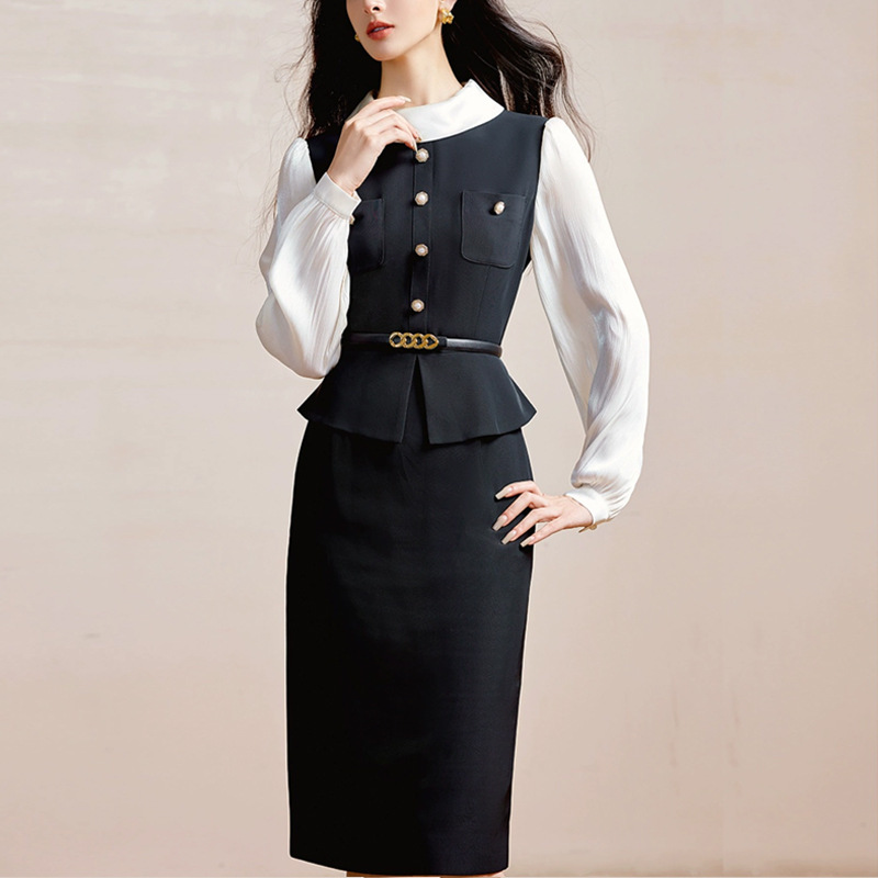 Pseudo-two splice business suit black and white autumn dress