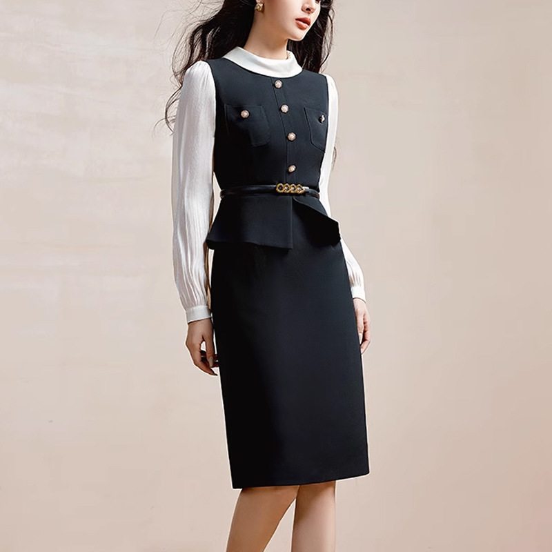 Pseudo-two splice business suit black and white autumn dress