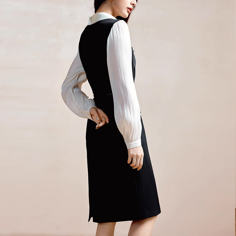 Pseudo-two splice business suit black and white autumn dress