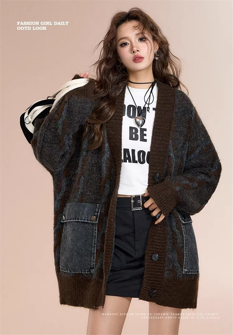 Loose splice cardigan autumn and winter V-neck coat