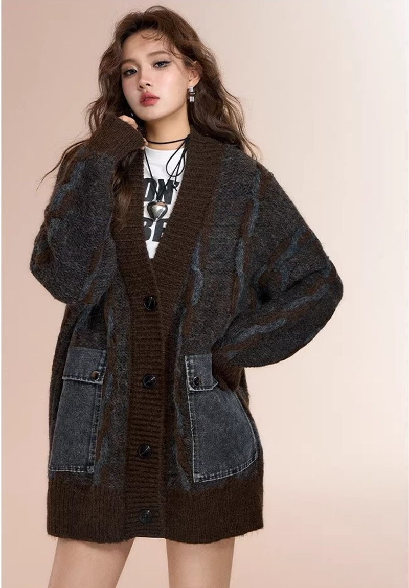 Loose splice cardigan autumn and winter V-neck coat