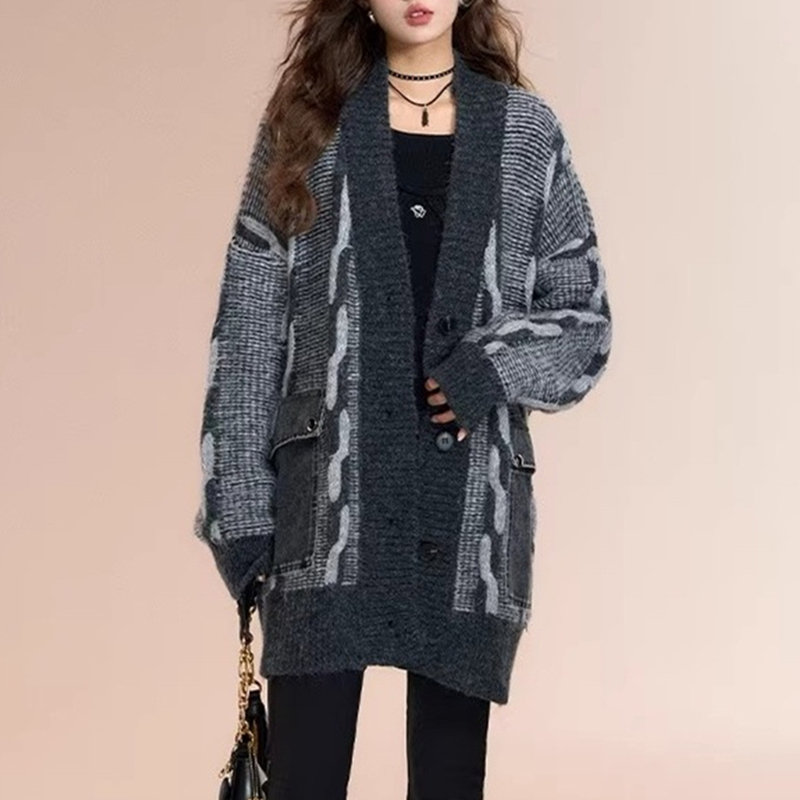 Loose splice cardigan autumn and winter V-neck coat