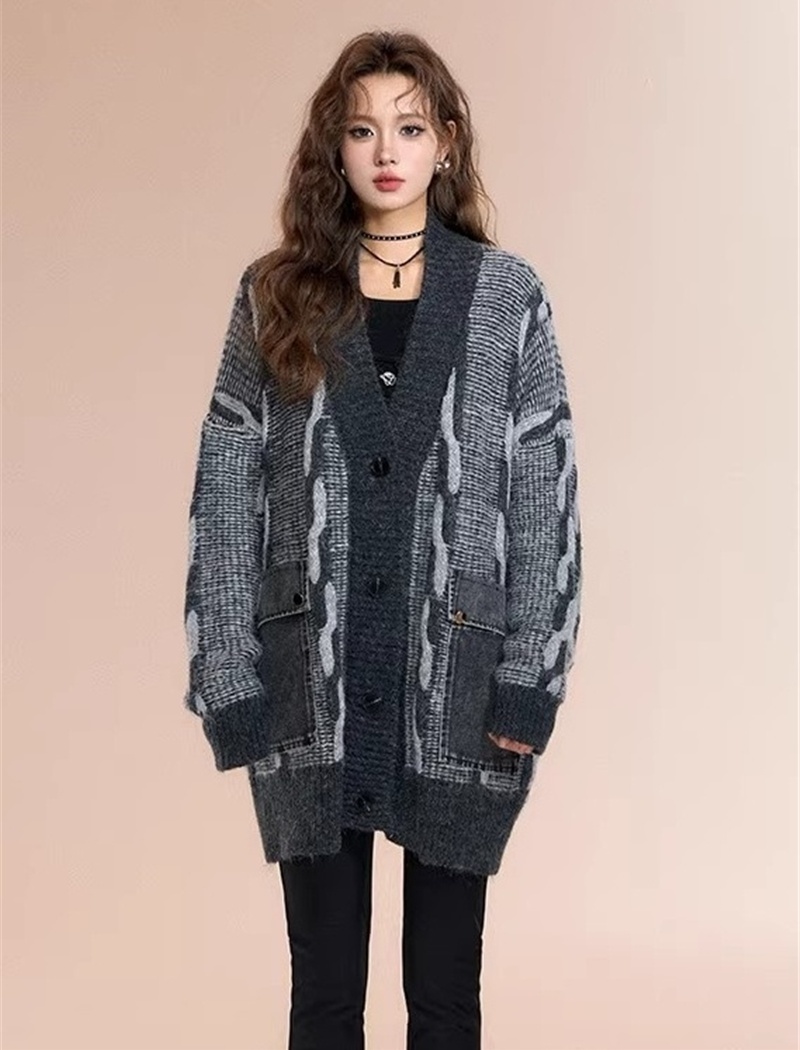 Loose splice cardigan autumn and winter V-neck coat