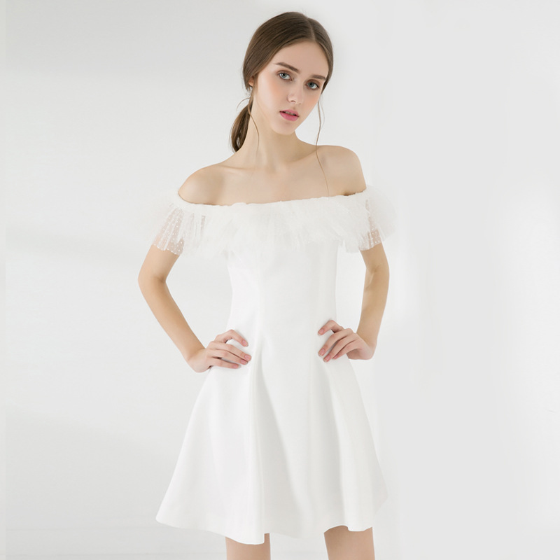 Gauze horizontal collar strapless European style dress for women