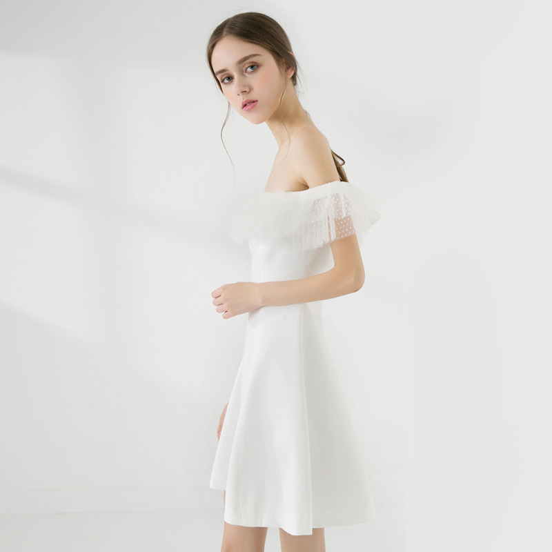 Gauze horizontal collar strapless European style dress for women