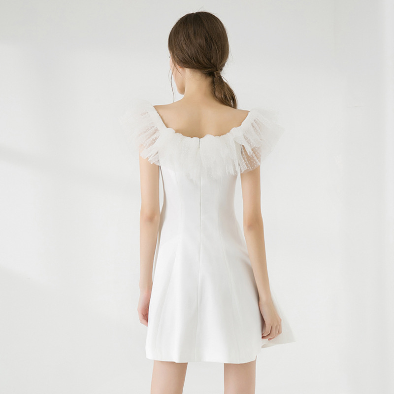 Gauze horizontal collar strapless European style dress for women