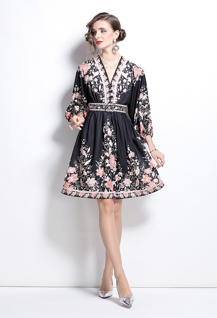 V-neck lantern sleeve court style printing retro dress