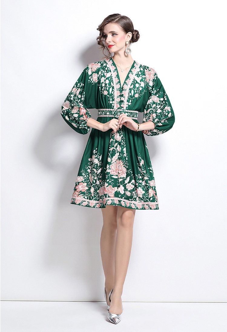 V-neck lantern sleeve court style printing retro dress