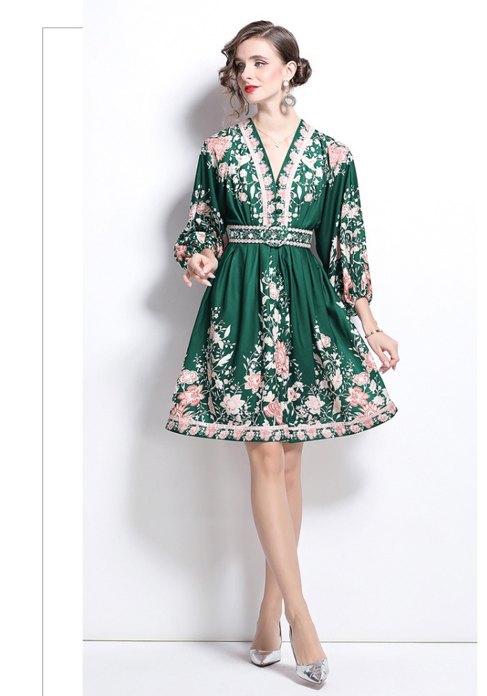 V-neck lantern sleeve court style printing retro dress