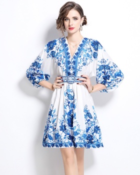 Printing lantern sleeve retro pinched waist dress