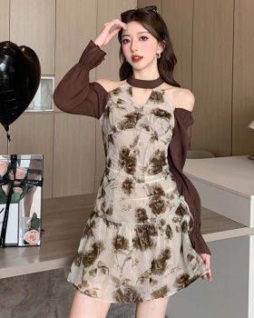 Pinched waist autumn fashion halter printing retro dress