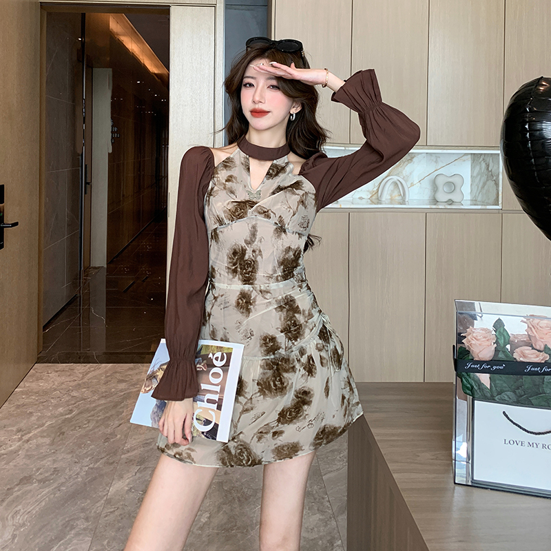 Pinched waist autumn fashion halter printing retro dress