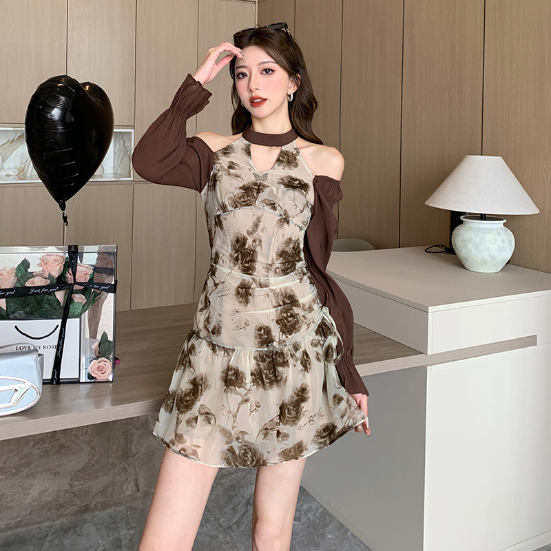 Pinched waist autumn fashion halter printing retro dress