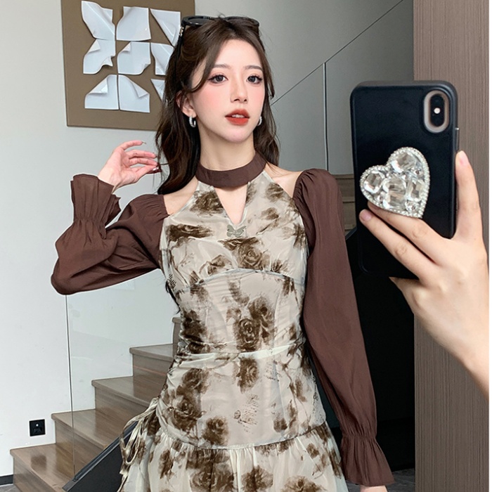 Pinched waist autumn fashion halter printing retro dress