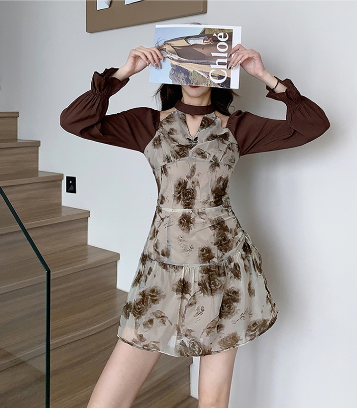 Pinched waist autumn fashion halter printing retro dress