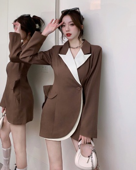 Mixed colors A-line business suit pinched waist long sleeve dress