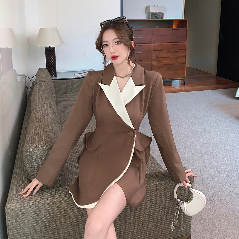 Mixed colors A-line business suit pinched waist long sleeve dress