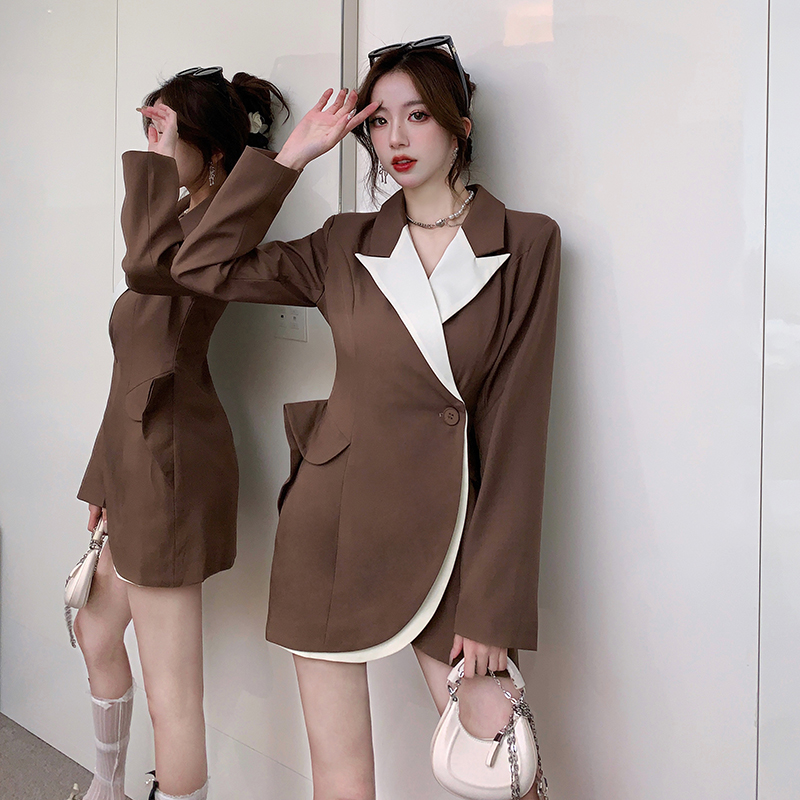 Mixed colors A-line business suit pinched waist long sleeve dress