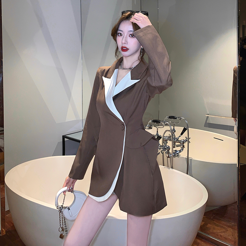 Mixed colors A-line business suit pinched waist long sleeve dress