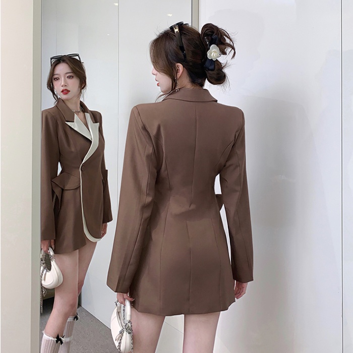 Mixed colors A-line business suit pinched waist long sleeve dress