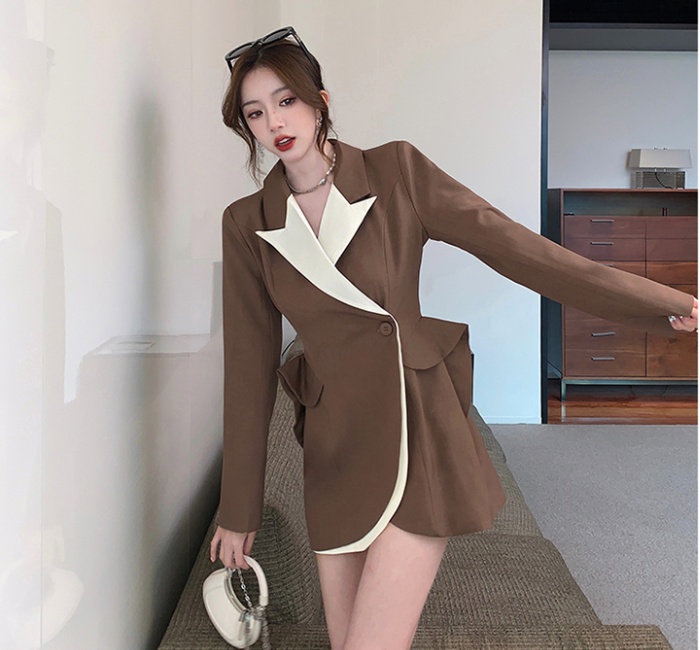 Mixed colors A-line business suit pinched waist long sleeve dress