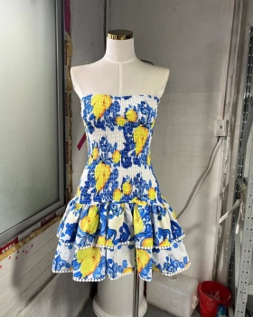 Flat shoulder printing seaside T-back mini sleeveless dress