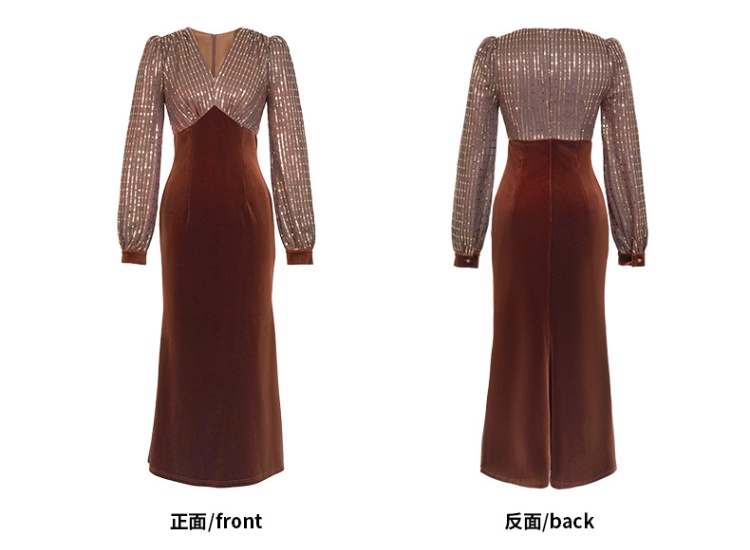 Sequins pinched waist splice temperament dress for women