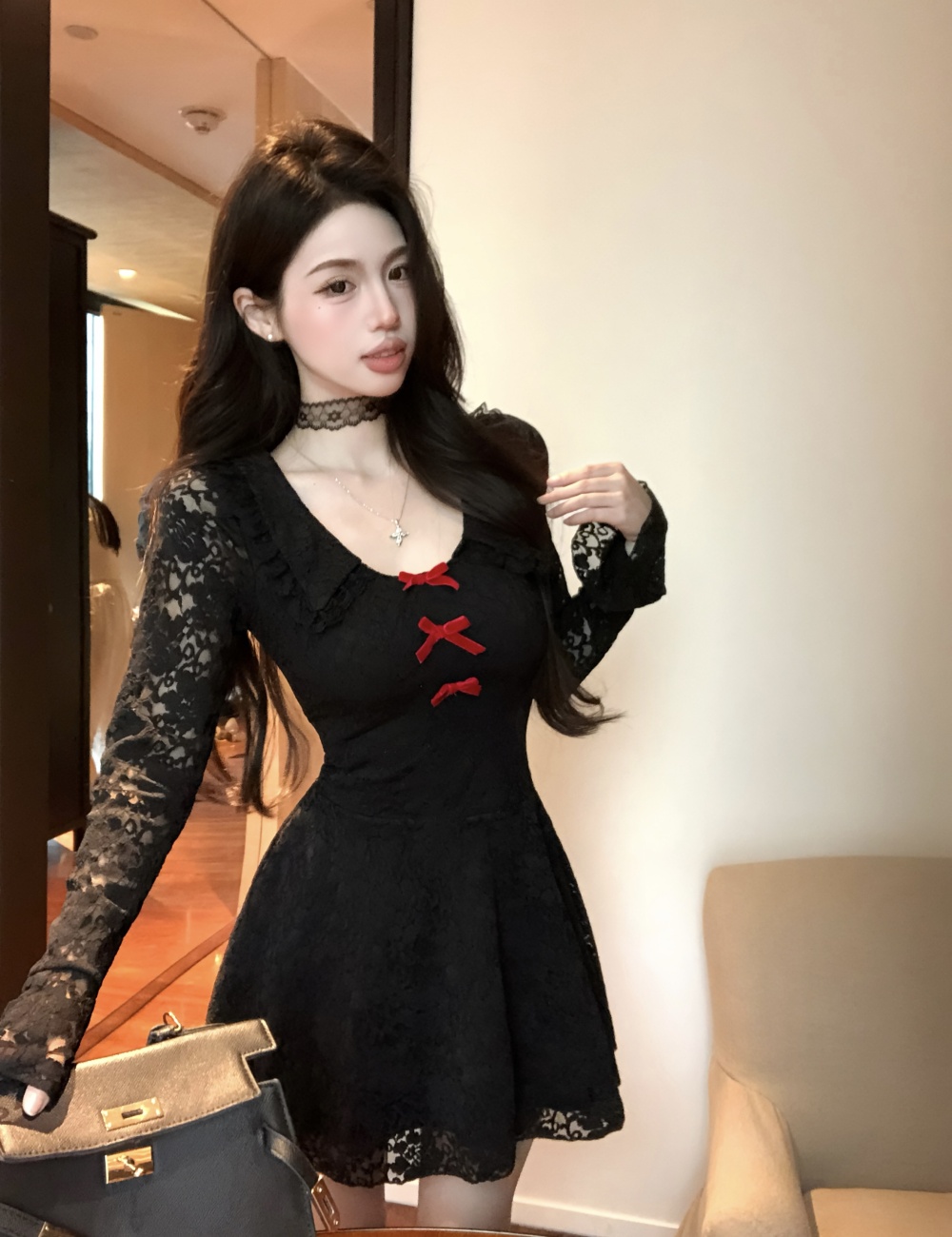 Long sleeve France style dress lace A-line T-back for women