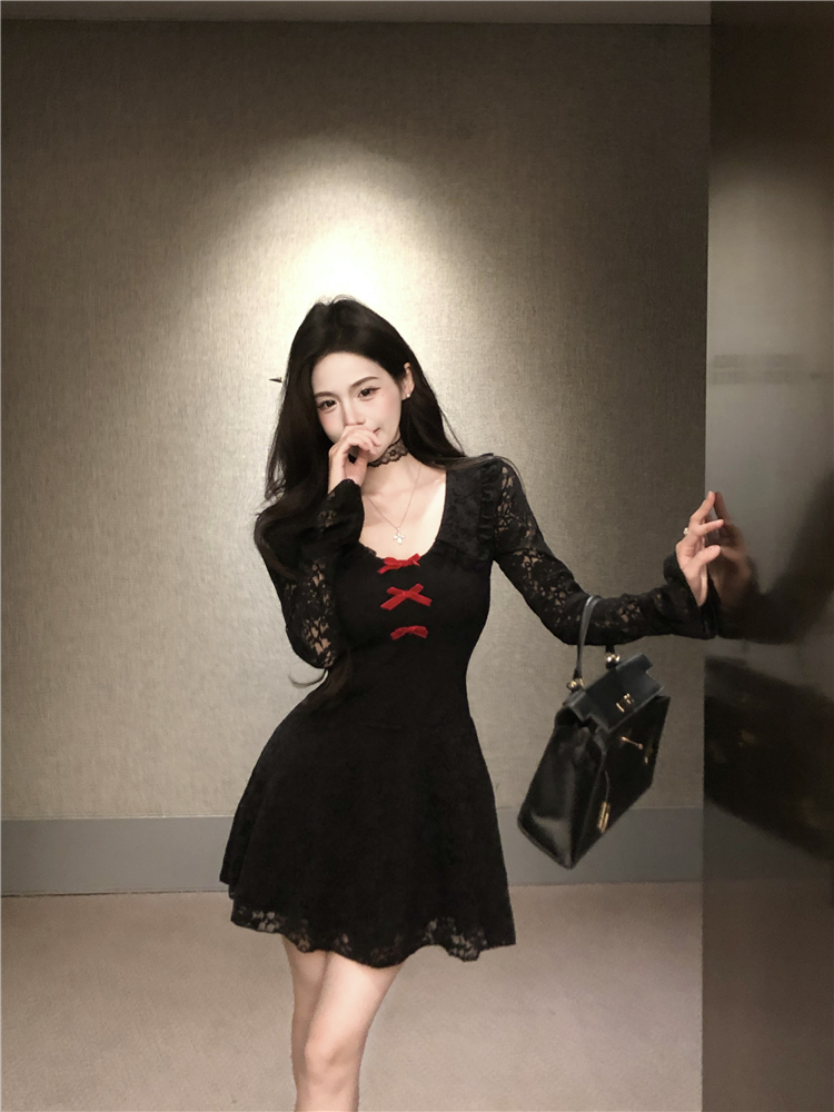 Long sleeve France style dress lace A-line T-back for women