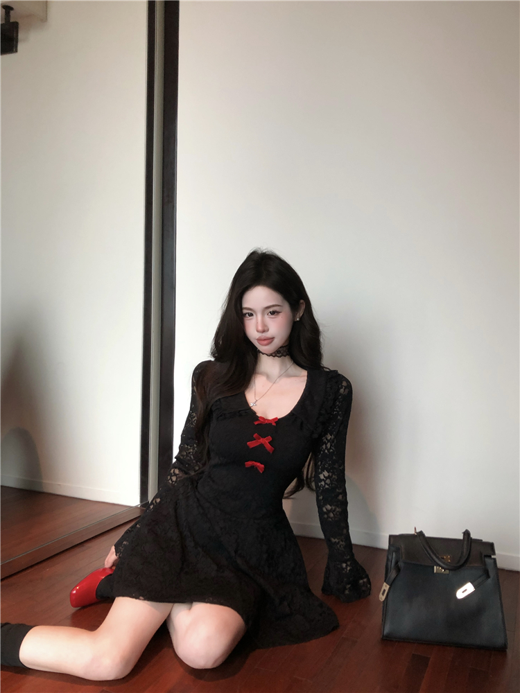 Long sleeve France style dress lace A-line T-back for women