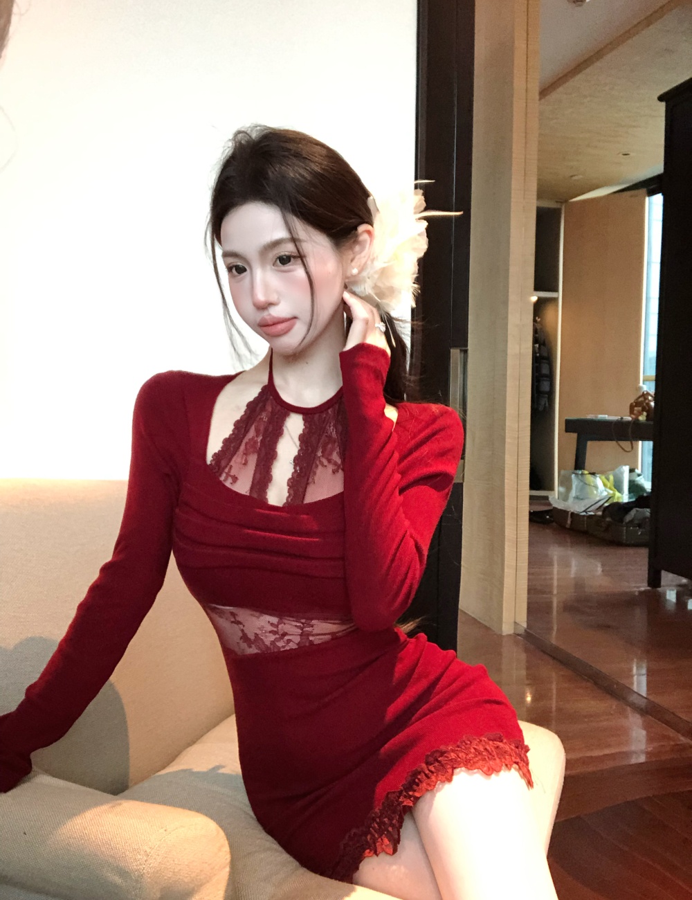 Enticement knitted T-back bottoming long sleeve dress