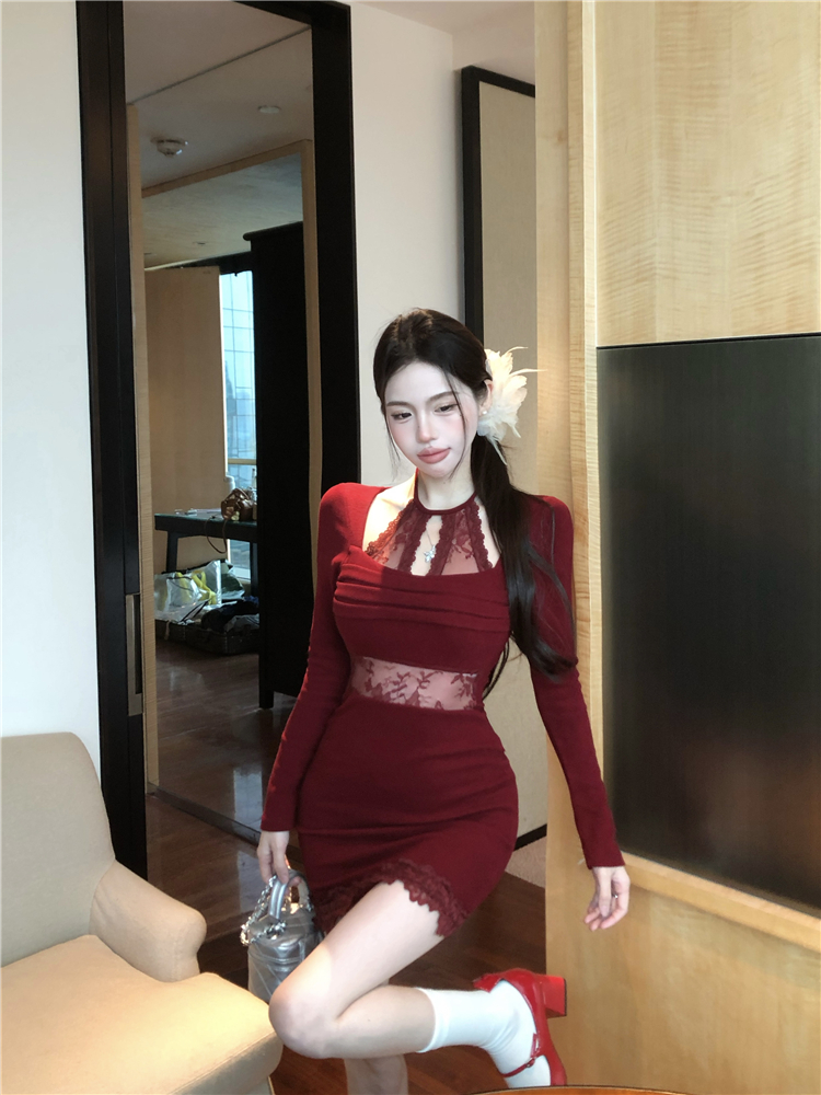 Enticement knitted T-back bottoming long sleeve dress