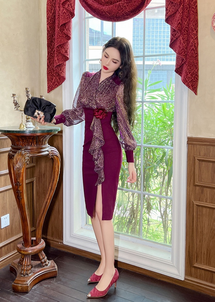 Autumn slim split lotus leaf edges dress for women