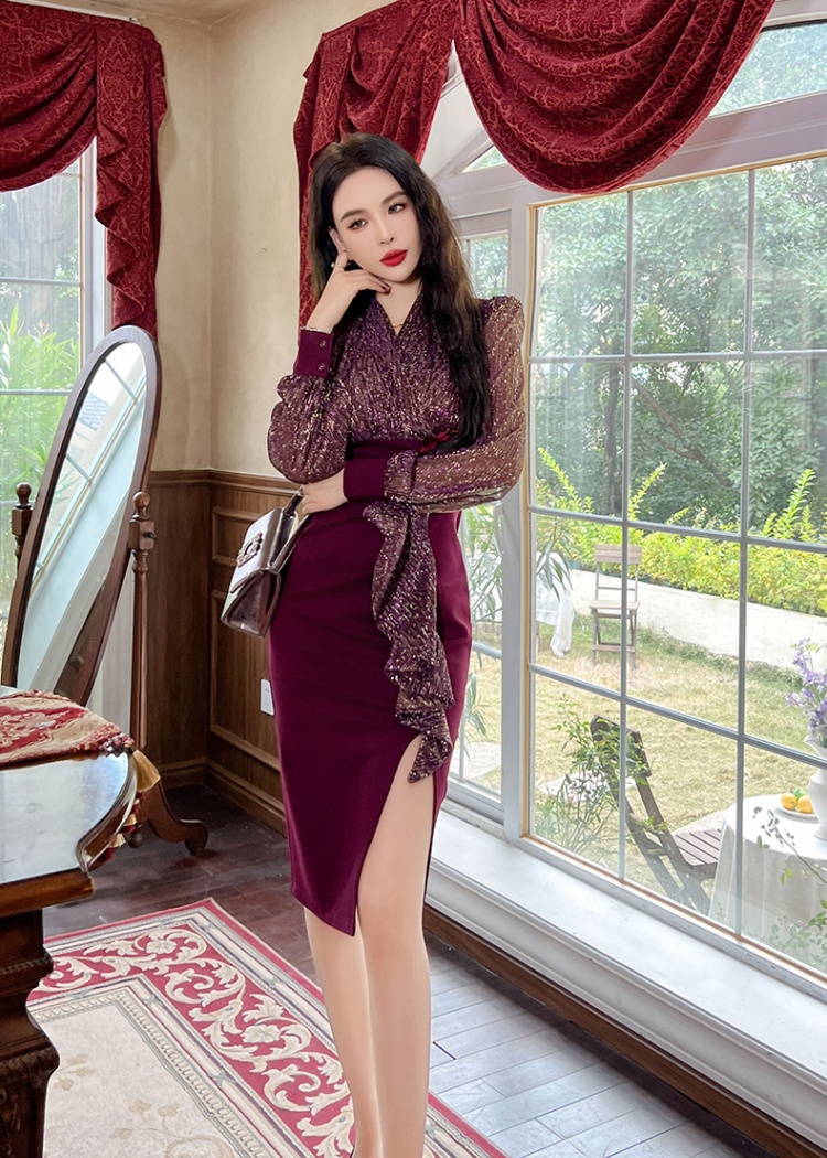 Autumn slim split lotus leaf edges dress for women