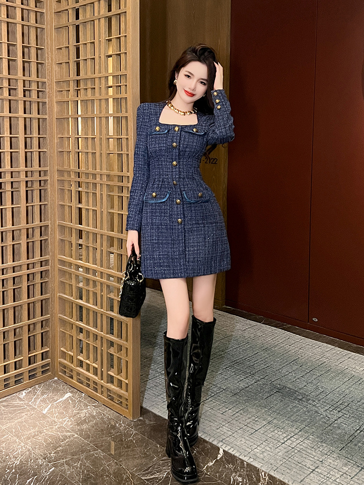 Square collar autumn and winter temperament dress for women