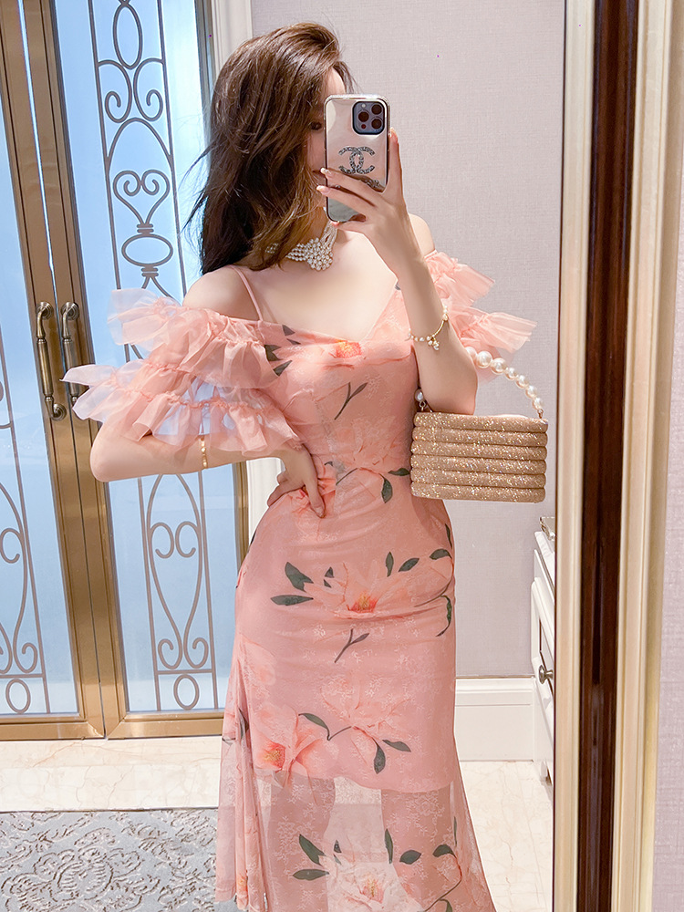 Sling strapless lotus sleeve printing sweet summer dress