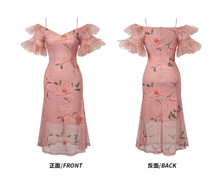 Sling strapless lotus sleeve printing sweet summer dress