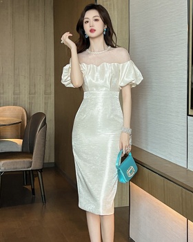 Splice temperament puff sleeve gauze dress for women