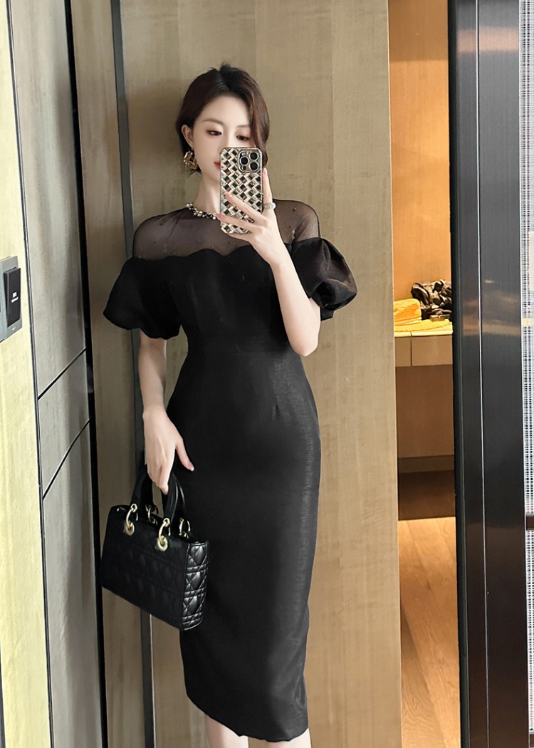 Splice temperament puff sleeve gauze dress for women